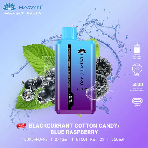 HAYATI PRO ULTRA BLACKCURRANT COTTON CANDY / BLUE RASPBERRY 15000 PUFFS - Vapebeat