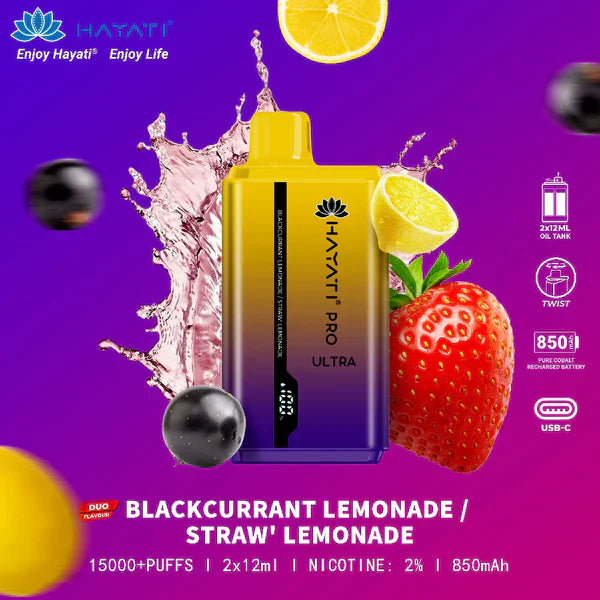HAYATI PRO ULTRA BLACKCURRENT LEMONADE/ STRAW' LEMONADE 15000 PUFFS - Vapebeat
