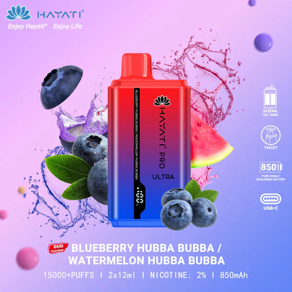 HAYATI PRO ULTRA BLUEBERRY HUBA BUBBA / WATERMELON HUBA BUBA 15000 PUFFS - Vapebeat