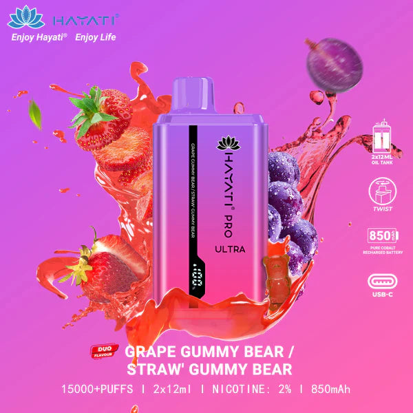 HAYATI PRO ULTRA GRAPE GUMMY BEAR / STRAW' GUMMY BEAR 15000 PUFFS - Vapebeat
