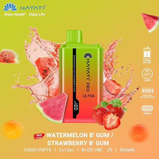 HAYATI PRO ULTRA WATERMELON B' GUM/ STRAWBERRY B' GUM 15000 PUFFS - Vapebeat